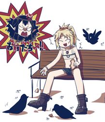  2girls absurdres anger_vein animal bad_id bad_twitter_id bare_shoulders bench bird black_hair blonde_hair bread closed_eyes fate/apocrypha fate_(series) feeding flying food highres jewelry long_hair mordred_(fate) mordred_(fate/apocrypha) mordred_(memories_at_trifas)_(fate) multiple_girls navel necklace no_nose open_mouth pointy_ears ponytail semiramis_(fate) short_shorts shorts sitting translation_request uotsu_(sabakou) white_background wristband 