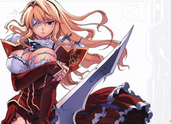  absurdres black_ribbon blonde_hair blue_eyes blush bow breasts cleavage cleavage_cutout clothing_cutout detached_sleeves dress eyepatch female freezing_(series) frilled_skirt frills garter_straps hair_between_eyes hairband highres kim_kwang_hyun large_breasts lips long_hair long_skirt long_sleeves no_bra official_art parted_bangs parted_lips photoshop_(medium) ribbon satellizer_el_bridget scan school_uniform shirt skirt sleeves_past_wrists solo sword torn_clothes turtleneck weapon 