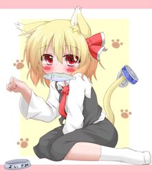  animal_ears between_legs blonde_hair blush_stickers cat_ears cat_tail commentary_request female fish hand_between_legs necktie oden_(th-inaba) paw_pose red_eyes red_necktie rumia solo tail touhou 