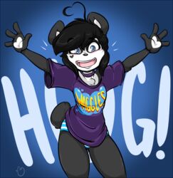  2016 4_fingers ahoge anthro avoid_posting bear black_body black_fur black_hair black_nose blue_eyes blush chest_tuft clothing duckdraw female fingers flat_chested fur giant_panda hair heart_eyes heart_symbol ken_ashcorp kenny_(kenashcorp) lips mammal open_mouth panties shirt solo spread_arms thick_bottom_lip topwear tuft underwear waggles white_body white_fur 