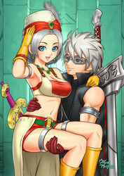  1boy :d armlet bandeau bare_shoulders blush boots breasts carrying cleavage commentary_request dragon_quest dragon_quest_x earrings female gloves hat hat_feather jewelry large_breasts looking_at_another looking_at_viewer midriff navel necklace open_mouth raul_(dq10) red_gloves red_shorts riin_(dq10) sheath sheathed short_hair shorts silver_hair smile sunglasses sword thigh_strap ur_(wulfa) weapon yellow_footwear yellow_gloves 