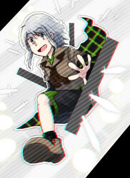  1other androgynous boots bow brown_coat coat commentary_request danmaku gap_(touhou) grey_eyes grey_hair houlen_yabusame knife len&#039;en open_mouth other_focus outstretched_arm photoshop_(medium) short_hair shorts sidelocks smile solo yamanoskk 