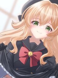  beret black_gloves black_hat black_jacket black_sailor_collar black_serafuku black_shirt black_skirt blonde_hair blue_archive blurry blurry_background blush bow bowtie closed_mouth clothes_lift commentary commission cowboy_shot dutch_angle female frilled_skirt frills gloves green_eyes hair_between_eyes hat highres indoors jacket lifting_own_clothes long_hair looking_at_viewer open_clothes open_jacket out-of-frame_censoring panties pleated_skirt professor_niyaniya_(blue_archive) red_bow red_bowtie sailor_collar school_uniform serafuku shirt sidelocks skeb_commission skirt skirt_lift smile solo split_mouth suit_jacket taneshiboringo underwear wavy_hair white_panties 