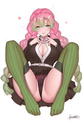  belt black_jacket black_panties black_skirt braid breasts cleavage demon_slayer_uniform feet female gradient_hair green_eyes green_hair green_thighhighs hair_between_eyes heart highres jacket kanroji_mitsuri kimetsu_no_yaiba knees_up large_breasts legs long_hair looking_at_viewer lying mole mole_under_each_eye mole_under_eye multicolored_hair multiple_moles nail_polish on_back panties parted_lips pink_hair pleated_skirt print_panties ribbed_legwear ribbed_thighhighs signature skindentation skirt smile solo spread_legs thick_thighs thighhighs thighs toes twin_braids underwear very_long_hair white_belt xiumu_bianzhou 