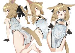  :d absurdres animal_ears armpits ass back bare_shoulders barefoot bikini black_bikini black_gloves braid breasts brown_hair china_dress chinese_clothes closed_eyes commission dress drill_hair facial_mark female final_fantasy final_fantasy_xiv gloves highres long_hair looking_at_viewer miqo&#039;te multiple_views ocha_(popopogg) open_mouth red_eyes simple_background small_breasts smile swimsuit tail white_background 