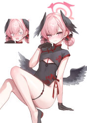  &lt;|&gt;_&lt;|&gt; adelie_cat alternate_costume alternate_hairstyle arm_support black_dress black_footwear black_gloves black_wings blue_archive blush china_dress chinese_clothes closed_mouth commentary_request cutout_above_navel double_bun dress expressions feathered_wings female gloves hair_bun halo head_wings highres knees_up koharu_(blue_archive) looking_at_viewer low_wings nose_blush open_mouth pink_eyes pink_hair pink_halo short_sleeves simple_background sitting thigh_strap thighs turtleneck turtleneck_dress white_background winged_halo wings 