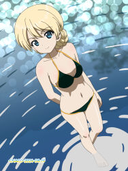  bikini black_bikini blonde_hair blue_eyes blush braid breasts closed_mouth collarbone darjeeling_(girls_und_panzer) dated female girls_und_panzer highres looking_at_viewer naotosi navel signature small_breasts smile solo swimsuit 