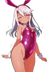  animal_ears bare_legs batta_16-sei chloe_von_einzbern commentary dark-skinned_female dark_skin detached_collar fake_animal_ears fate/kaleid_liner_prisma_illya fate_(series) female flat_chest highres leotard looking_at_viewer necktie orange_eyes pink_hair pink_leotard pink_necktie playboy_bunny rabbit_ears shiny_clothes simple_background smile solo strapless strapless_leotard white_background wrist_cuffs 