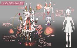  animal_ears anonymous_(yu-gi-oh!) black_leotard character_name concept_art double_bun doughnut duel_monster female food full_body grey_hair hair_bun highres leotard long_hair malice&lt;p&gt;white_rabbit multicolored_hair official_art rabbit_ears red_hair reference_sheet see-through see-through_skirt skirt streaked_hair white_skirt yu-gi-oh! 