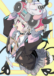  absurdres asumi_sena barbell_piercing black_choker black_collar bow bowtie choker collar cross_hair_ornament demon_tail ear_piercing earrings female grey_bow grey_bowtie grey_hair hair_ornament heart heart_choker heart_collar heart_necklace highres industrial_piercing jacket jewelry long_hair long_sleeves looking_at_viewer mini_wings multicolored_hair necklace open_mouth piercing pink_eyes pink_hair short_hair solo stereo streaked_hair tail tetsu_booya virtual_youtuber vspo! wings 