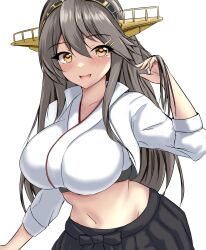  adapted_costume black_hair black_skirt blush breasts brown_eyes crop_top female hair_ornament hairband hairclip hakama hakama_short_skirt hakama_skirt haruna_(kancolle) haruna_(race_queen_mode)_(kancolle) haruna_kai_ni_(kancolle) headgear highres jacket japanese_clothes kantai_collection large_breasts long_hair looking_at_viewer midriff montemasa navel official_alternate_costume open_mouth race_queen skirt smile solo upper_body 