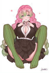  belt black_jacket black_skirt braid breasts cleavage demon_slayer_uniform double_finger_heart feet female finger_heart gradient_hair green_eyes green_hair green_thighhighs hair_between_eyes heart highres jacket kanroji_mitsuri kimetsu_no_yaiba knees_up large_breasts legs long_hair looking_at_viewer lying mole mole_under_each_eye mole_under_eye multicolored_hair multiple_moles nail_polish on_back parted_lips pink_hair pleated_skirt ribbed_legwear ribbed_thighhighs signature skirt smile solo spread_legs thighhighs thighs toes twin_braids very_long_hair white_belt xiumu_bianzhou 