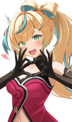  absurdres bare_shoulders blonde_hair blush bow-shaped_hair breasts cleavage elbow_gloves female gloves green_eyes heart heart_hands highres looking_at_viewer medium_breasts multicolored_hair navel nijisanji open_mouth simple_background streaked_hair tachitsute_toto takechi49 virtual_youtuber white_background 