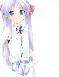  blue_eyes bow commentary female hairbow hand_in_pocket headphones headphones_around_neck highres hiiragi_kagami long_hair looking_to_the_side lucky_star midriff pants purple_hair shiki_59 solo symbol-only_commentary tank_top twintails very_long_hair 