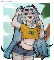  ahoge alternate_costume arm_up bead_necklace beads belly_chain belt bikini bikini_under_clothes black_bikini black_lips blue_eyes blue_hair blurry blurry_background border bracelet brazil brazilian_flag brazilian_flag_print brazilian_miku collarbone cowboy_shot crop_top cup day denim denim_shorts drink earrings eyelashes eyewear_on_head female hair_between_eyes hair_ornament hand_up hatsune_miku highleg highleg_bikini highres holding holding_cup jewelry leaning_forward legs_together light_blush long_hair looking_at_viewer makeup midriff multiple_bracelets navel necklace one_eye_closed open_mouth outdoors outside_border pale_skin pinky_out print_shirt shirt short_shorts short_sleeves shorts side-tie_bikini_bottom sidelocks sky smile solo standing sunglasses swept_bangs swimsuit teeth tongue tree twintails twitter_username uma_mordida very_long_hair vocaloid white_border yellow_shirt 