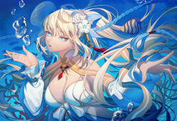  absurdres bare_shoulders bikini blue_eyes blue_hair braid breasts cleavage detached_sleeves erchongbaojun fate/grand_order fate_(series) female flower hair_flower hair_ornament hair_ribbon highres large_breasts long_hair long_sleeves looking_at_viewer morgan_le_fay_(fate) morgan_le_fay_(water_princess)_(fate) open_mouth ponytail puffy_long_sleeves puffy_sleeves ribbon sidelocks solo swimsuit twin_braids underwater very_long_hair white_bikini white_hair 