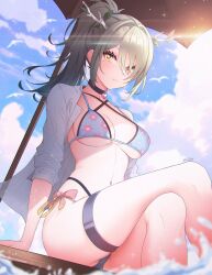  antlers bikini ceres_fauna cloud cloudy_sky crossed_legs female high_ponytail highres hololive horns navel open_clothes sitting sk_jynx sky solo string_bikini swimsuit thigh_strap water yellow_eyes 