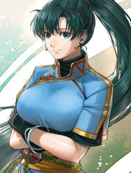  arms_under_breasts black_gloves blue_dress breasts closed_mouth crossed_arms delsaber dress earrings female fingerless_gloves fire_emblem fire_emblem:_the_blazing_blade floating_hair gloves green_eyes green_hair hair_between_eyes high_ponytail highres jewelry large_breasts long_hair looking_at_viewer lyn_(fire_emblem) rope_belt short_sleeves smile solo upper_body very_long_hair 