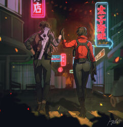  1boy ada_wong black_gloves black_hair black_pants boots brown_hair city collared_shirt dated english_commentary female fire from_behind full_body gloves gun gun_on_back hair_bun high_five high_heel_boots high_heels holding holding_gun holding_weapon kaychen luis_sera neon_lights night pants red_shirt resident_evil resident_evil_6 shirt short_hair signature single_hair_bun sparks standing walking weapon weapon_on_back 