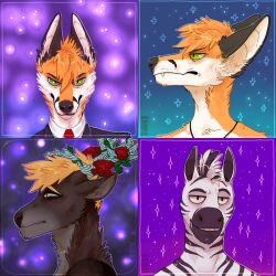  0ct0m0n0 anthro brown_body brown_fur brown_hair brown_markings brown_stripes bust_portrait canid canine deer equid equine facial_markings fox fur green_eyes grey_eyes hair head_markings looking_at_viewer male mammal markings mouth_closed multicolored_hair multiple_images narrowed_eyes orange_body orange_fur orange_hair pattern_background portrait simple_background solo striped_neck striped_shoulders stripes two_tone_hair white_body white_eyes white_fur white_hair zebra 