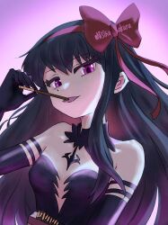  akemi_homura akuma_homura artist_name black_dress black_gloves black_hair bow center_opening detached_collar dress ekakinosakura elbow_gloves female food gloves gradient_background hairbow highres holding holding_food holding_pocky long_hair looking_at_viewer mahou_shoujo_madoka_magica mahou_shoujo_madoka_magica:_hangyaku_no_monogatari open_mouth pocky purple_background red_bow solo 