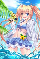 :d alternate_costume arm_at_side bikini blonde_hair blue_bikini blue_eyes blush breasts cleavage collarbone commentary_request cowboy_shot day eyes_visible_through_hair female floating_hair frilled_bikini frills front-tie_bikini_top front-tie_top hair_between_eyes hand_up happy heterochromia highres holding holding_water_gun hood hooded_jacket jacket long_hair long_sleeves looking_at_viewer minatoto nakatsu_shizuru navel open_clothes open_jacket open_mouth outdoors palm_leaf rewrite sidelocks small_breasts smile solo star_(symbol) stomach swimsuit translation_request twintails very_long_hair wading water water_gun wet white_jacket yellow_eyes 