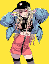  absurdres barbell_piercing baseball_cap black_choker black_thighhighs blonde_hair choker coat colored_tips commentary_request contrapposto cowboy_shot double_v ear_piercing earrings fake_nails female gradient_hair grin gyaru hat high-waist_skirt highres industrial_piercing jacket jewelry kitagawa_marin lace lace_choker long_hair looking_at_viewer multicolored_hair oversized_clothes piercing pink_nails puffy_coat red_eyes red_hair skirt smile solo sono_bisque_doll_wa_koi_wo_suru standing swept_bangs teeth thighhighs v yamashita_shun&#039;ya yellow_background zettai_ryouiki 