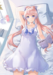  arm_behind_head arm_up bare_arms bare_shoulders bed blue_hair book bow-shaped_hair breasts chahei closed_mouth collarbone commentary_request day dress eyebrows_hidden_by_hair female frilled_dress frills genshin_impact gradient_hair highres holding holding_book indoors long_hair lying medium_breasts multicolored_hair on_back on_bed open_book pillow pink_hair purple_eyes sangonomiya_kokomi short_eyebrows sleeveless sleeveless_dress smile solo thick_eyebrows very_long_hair white_dress 