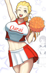  2girls :| absurdres alternate_costume arm_up armpits blonde_hair breast_envy breasts brown_eyes cheerleader closed_mouth clothes_writing cropped_shirt expressionless girls_und_panzer hair_pulled_back hair_tie highres holding holding_pom_poms kawanishi_shinobu long_hair looking_at_viewer low_ponytail midriff miniskirt multiple_girls navel open_mouth partially_colored pleated_skirt pom_pom_(cheerleading) ponytail red_shirt red_skirt romaji_text sasaki_akebi shirt short_ponytail skirt smile standing star_(symbol) swept_bangs tank_top yougata 