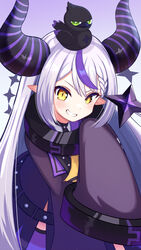  absurdres animal_on_head banana_de_ikopon bird bird_on_head black_horns braid braided_bangs crow_(la+_darknesss) demon_girl demon_horns female grey_hair grin hair_between_eyes highres hololive horns la+_darknesss la+_darknesss_(1st_costume) long_hair looking_at_viewer multicolored_hair on_head pointy_ears purple_hair purple_horns sleeves_past_fingers sleeves_past_wrists slit_pupils smile solo streaked_hair striped_horns v-shaped_eyebrows very_long_hair virtual_youtuber yellow_eyes 