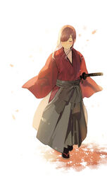  autumn_leaves bad_id bad_pixiv_id black_socks blush brown_hair closed_eyes closed_mouth commentary_request cosplay cross_scar crossdressing facing_viewer female full_body hair_down hakama haori highres himura_kenshin himura_kenshin_(cosplay) hip_vent ikuchan_kaoru japanese_clothes katana leaf long_hair maple_leaf nijisanji rurouni_kenshin sandals scar scar_on_cheek scar_on_face simple_background smile socks solo standing suzuhara_lulu sword virtual_youtuber walking weapon white_background 