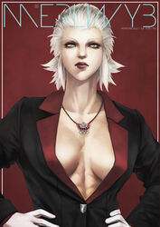  absurdres breasts character_name commentary english_commentary female final_fantasy final_fantasy_xiv formal grey_eyes hair_slicked_back hands_on_own_hips highres jacket jewelry lips looking_to_the_side medium_breasts merlwyb_bloefhiswyn monori_rogue necklace no_bra plunging_neckline red_background roegadyn short_hair solo suit_jacket upper_body white_hair 