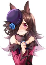  absurdres animal_ears bare_shoulders blue_flower blue_rose blush brown_hair closed_mouth dress female flower fur_choker hair_over_one_eye hand_up hat highres horse_ears long_hair nihudau off-shoulder_dress off_shoulder purple_hat rice_shower_(umamusume) rose simple_background smile solo umamusume upper_body white_background 