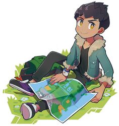  1boy bad_id bad_twitter_id black_hair black_pants black_shirt bo9_(bo9_nc) closed_mouth commentary_request dark-skinned_male dark_skin fur-trimmed_jacket fur_trim grass green_bag hop_(pokemon) jacket light_blush looking_to_the_side male_focus map pants pokemon pokemon_swsh shirt shoes short_hair sitting smile solo yellow_eyes 