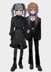  2girls absurdres bad_id bad_pixiv_id belt black_belt black_choker black_dress black_footwear black_jacket black_pants black_ribbon black_theme black_thighhighs blazer boots check_commentary choker closed_mouth commentary_request cross cross_necklace dress drill_hair expressionless frown full_body gothic_lolita grey_background grey_hair hair_ribbon highres idolmaster idolmaster_cinderella_girls jacket jewelry kanzaki_ranko leggings lolita_fashion long_hair looking_at_viewer multicolored_hair multiple_girls necklace nima_(nimamann) ninomiya_asuka orange_hair pants purple_eyes purple_hair red_eyes ribbon simple_background standing thighhighs twintails two-tone_hair 