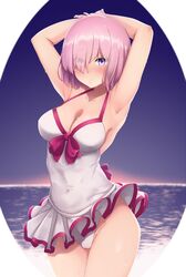  armpits arms_behind_head arms_up bare_shoulders blush breasts cleavage collarbone covered_navel dress_swimsuit fate/grand_order fate_(series) female hair_over_one_eye highres large_breasts light_purple_hair looking_at_viewer mash_kyrielight mash_kyrielight_(swimsuit_of_perpetual_summer) mku night night_sky ocean official_alternate_costume one-piece_swimsuit purple_eyes short_hair sky solo swimsuit thighs twilight white_one-piece_swimsuit 