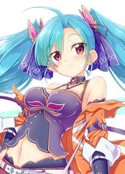  ahoge az_sainklaus belt blue_hair breasts female hair_behind_ear hand_on_own_hip highres jacket medium_breasts navel off_shoulder orange_jacket purple_eyes smile solo super_robot_wars super_robot_wars_30 twintails upper_body white_belt yakisoba_(kaz2113) 