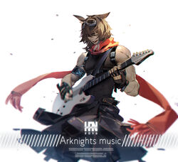  1boy animal_ears arknights armband black_gloves black_pants brown_hair chinese_commentary closed_eyes commentary copyright_name courier_(arknights) courier_(elite_ii)_(arknights) dated facing_viewer fingerless_gloves gloves goggles goggles_on_head guitar han-0v0 instrument male_focus md5_mismatch music pants photoshop_(medium) playing_instrument red_scarf scarf simple_background singing sleeveless white_background 