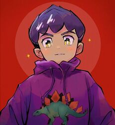  1boy bad_id bad_twitter_id blush bo9_(bo9_nc) commentary_request dinosaur_print eyelashes hood hoodie hop_(pokemon) looking_at_viewer male_focus parted_lips pokemon pokemon_swsh print_hoodie purple_hair purple_hoodie short_hair solo sparkle stegosaurus yellow_eyes 