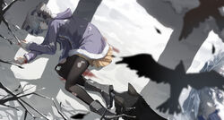  absurdres bad_id bad_pixiv_id bird blue_jacket boots bronya_zaychik bronya_zaychik_(snowy_sniper) closed_eyes closed_mouth crow drill_hair female grey_footwear grey_hair hair_between_eyes hair_ribbon highres honkai_(series) honkai_impact_3rd jacket leggings lying on_side ribbon scarf skirt sleeping snow snowing solo torn_clothes torn_legwear twin_drills wolf yellow_skirt yukizawa_xueze 