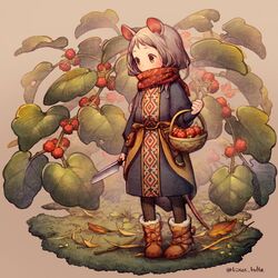  animal_ears basket black_legwear blush boots brown_background brown_footwear commentary_request female food fruit fruit_basket grey_hair holding holding_basket holding_knife kiitos knife leaf long_hair long_sleeves mini_person minigirl mouse_ears mouse_girl mouse_tail original plant red_scarf scarf solo strawberry tail twitter_username 