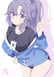  alternate_hairstyle black_buruma blue_archive blue_eyes blue_jacket breasts buruma english_text female gym_uniform hand_on_own_hip highres id_card jacket long_hair looking_at_viewer medium_breasts no_pants off_shoulder pointing ponytail purple_hair shadow shirt sidelocks signature simple_background smile snow-yuuki solo star_(symbol) star_sticker t-shirt white_background yuuka_(blue_archive) yuuka_(track)_(blue_archive) 