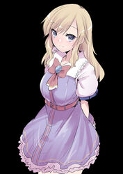  arms_behind_back belt black_background blonde_hair blue_eyes blush bow bowtie breasts closed_mouth commentary_request cowboy_shot dress female futaba_suetsuki heart heart-shaped_pupils highres idolmaster idolmaster_cinderella_girls long_hair looking_at_viewer medium_breasts ohtsuki_yui open_mouth pink_dress red_bow short_sleeves simple_background smile solo symbol-shaped_pupils 