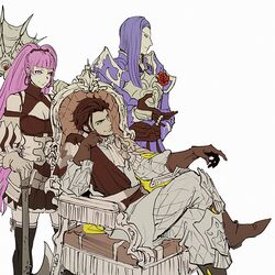  2boys armor ascot axe bad_id bad_pixiv_id bare_shoulders black_legwear blunt_bangs boots breastplate breasts brown_gloves brown_hair claude_von_riegan cleavage commentary_request crossed_legs deba dress earrings female fire_emblem fire_emblem:_three_houses flower freikugel_(weapon) gloves green_eyes grey_pants hilda_valentine_goneril hoop_earrings jewelry long_hair lorenz_hellman_gloucester multiple_boys pants pauldrons pink_eyes pink_hair planted puffy_sleeves purple_hair red_flower red_rose rose short_dress short_hair shoulder_armor simple_background smile standing thighhighs throne very_long_hair weapon white_background zettai_ryouiki 