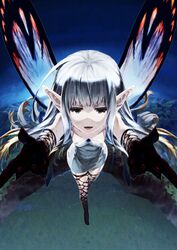  absurdres airy_(bravely_default) bare_shoulders black_gloves black_thighhighs bravely_default:_flying_fairy bravely_default_(series) breasts brown_eyes butterfly_wings commentary_request dress fairy female flying gloves grey_hair highres insect_wings long_hair looking_at_viewer matsuki_akira open_mouth outstretched_arms outstretched_hand pointy_ears short_dress small_breasts smile solo strapless strapless_dress thighhighs white_dress wings 