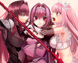  3girls armor asakou_(n_morninglight) bodysuit breasts dress fate/grand_order fate_(series) feather_trim fur-trimmed_dress fur_trim gae_bolg_(fate) girl_sandwich gloves hair_between_eyes hair_intakes headpiece highres large_breasts long_hair medb_(fate) multiple_girls pauldrons pink_hair pocky_day polearm pout purple_bodysuit purple_dress purple_hair red_eyes sandwiched scathach_(fate) scathach_skadi_(fate) shoulder_armor spear tiara weapon white_gloves yellow_eyes 