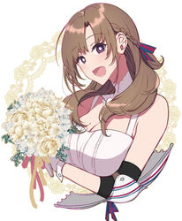  :d bare_shoulders blush bouquet braid breasts bright_pupils brown_hair cleavage elbow_pads female flower french_braid highres holding large_breasts long_hair looking_at_viewer mature_female oosuki_mamako open_mouth pochi_(pochi-goya) purple_eyes smile solo tsuujou_kougeki_ga_zentai_kougeki_de_ni-kai_kougeki_no_okaasan_wa_suki_desu_ka? upper_body white_pupils 