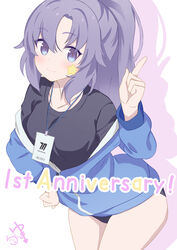  alternate_hairstyle black_buruma blue_archive blue_eyes blue_jacket breasts buruma english_text female gym_uniform hand_on_own_hip highres id_card jacket long_hair looking_at_viewer medium_breasts no_pants off_shoulder pointing ponytail purple_hair shadow shirt sidelocks signature simple_background smile snow-yuuki solo star_(symbol) star_sticker t-shirt white_background yuuka_(blue_archive) yuuka_(track)_(blue_archive) 