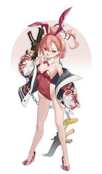  absurdres ahoge animal_ears asymmetrical_bangs bandaid bandaid_on_knee bandaid_on_leg blue_archive bow bowtie braid breasts chains chinese_commentary commentary covered_navel detached_collar fake_animal_ears female five-core_fish_(xronf) gun high_heels highres jacket leotard mole mole_under_eye navel neru_(blue_archive) neru_(bunny)_(blue_archive) orange_hair oversized_breast_cup playboy_bunny print_jacket rabbit_ears rabbit_tail red_bow red_bowtie red_eyes red_footwear red_leotard sig_mpx sig_sauer single_braid small_breasts solo standing strapless strapless_leotard submachine_gun sukajan tag tail traditional_bowtie weapon wrist_cuffs 