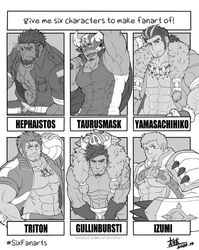  6+boys abs animal_hood bad_id bad_twitter_id bara blush boar_boy boar_hood body_fur body_hair character_name chest_hair covered_abs crossed_arms english_text eyebrow_cut facial_hair fins fish_boy goatee greyscale gullinbursti_(housamo) hairy hephaestus_(housamo) hood ikusaba_daisuke izumi_(gyee) large_pectorals long_sideburns male_focus medium_hair monochrome multicolored_hair multiple_boys multiple_drawing_challenge muscular muscular_male nipples pectoral_cleavage pectorals sideburns six_fanarts_challenge smile streaked_hair stubble sunfight0201 sweatdrop taurus_mask tied_hair tokyo_afterschool_summoners topless_male triton_(housamo) two-tone_hair upper_body volleyball yamasachihiko_(housamo) 